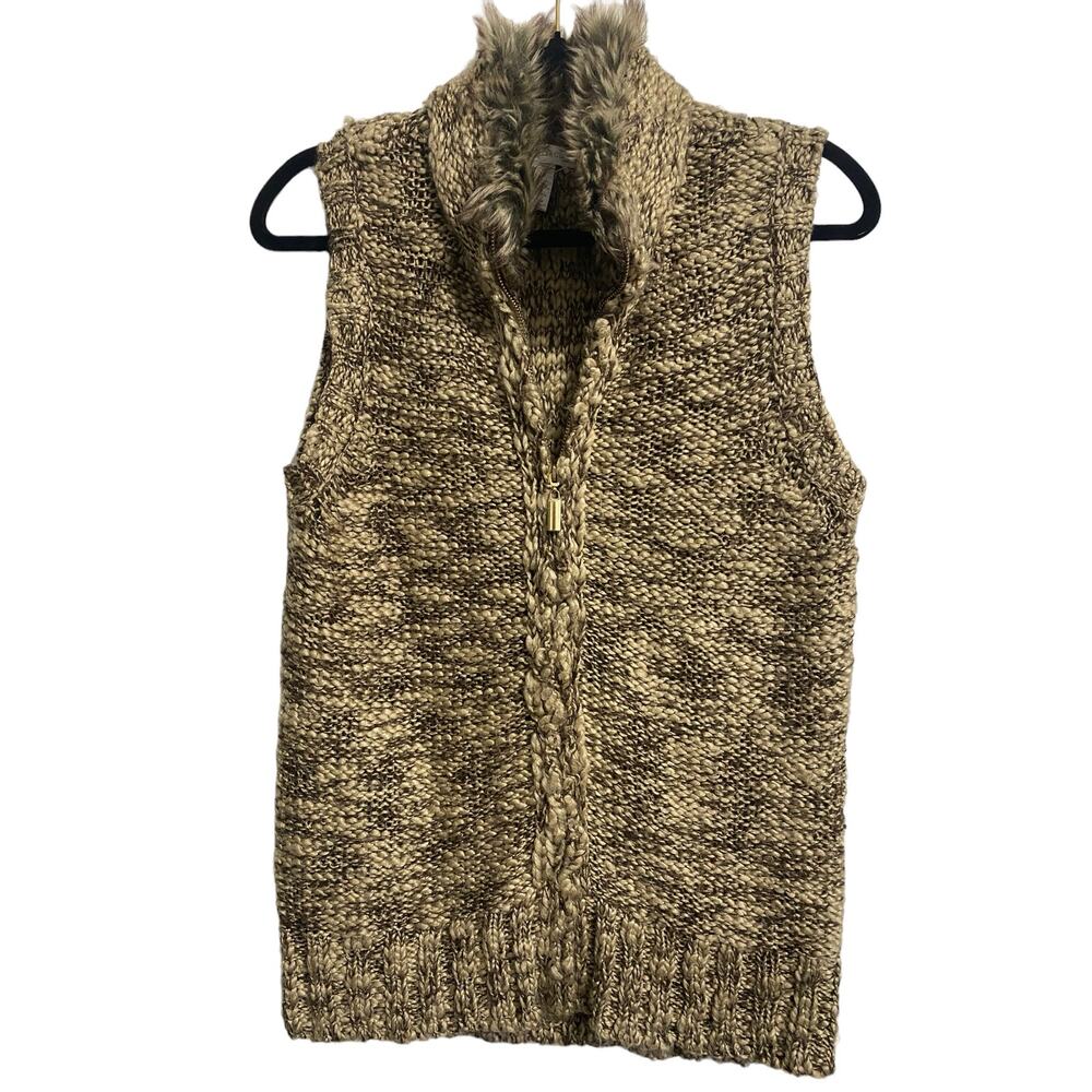 Charter Club Crocheted Vest Medium Wool Blend Faux Fur Trim Brown Tan
